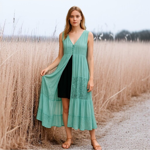 🆕 Pol Aqua Blue Boho Lace Sleeveless Long Duster Kimono Vest Button Detail SM - Picture 1 of 12